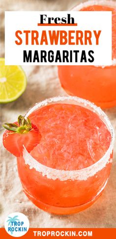 fresh strawberry margaritas with lime and sugar on the rim