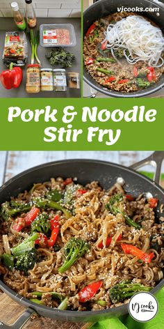 pork and noodle stir fry in a skillet with broccoli on the side