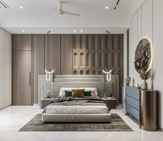 a modern bedroom with marble floors and large bed in front of wooden paneled walls