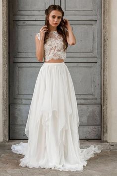 Elegante vestido de novia de gasa de encaje de línea A largo de dos piezas – BIZTUNNEL Two Piece Lace Dress, Cropped Wedding Dress, Alternative Wedding Dress Casual, Two Part Wedding Dress, Two Piece Wedding Dress Boho, Wedding Dress Two Piece, Wedding Dress Separates, 2 Piece Wedding Dress, Wedding Separates