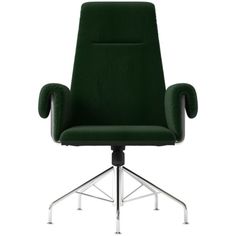 an office chair with green upholstered seat and chrome base, viewed from the front