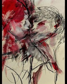 an abstract painting with red and gray colors