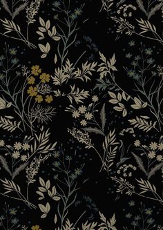 a black background with yellow and blue flowers