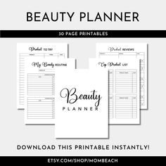 the beauty planner printable is shown in black and white