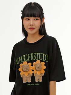 Composition : Refer to product detailsCountry of Origin : Republic of Korea Flower Bear, Composition, Top Outfits, T Shirts, The Originals, Clothes For Women, T Shirt, Clothes, Black