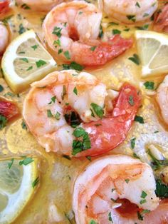 shrimp with lemon and parsley in a skillet