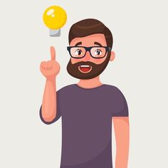 a man with glasses is pointing to the light bulb on his head and has one hand up