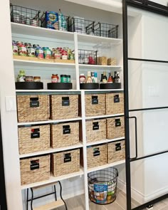 an organized pantry with baskets and food items