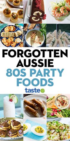 the cover of forgotten aussie 80's party foods taste book, with images of food and drinks