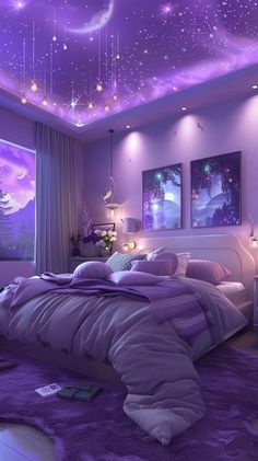 a bedroom decorated in purple and white with stars on the ceiling