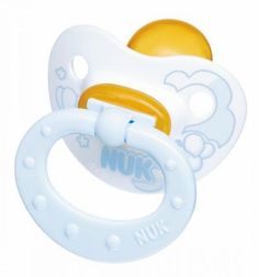 a pacifier with an orange and white handle