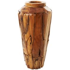 a wooden vase made out of wood on a white background