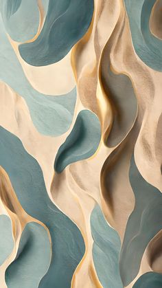 an abstract wallpaper with blue and beige wavy shapes on it's surface,