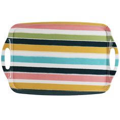 a colorful striped tray with handles