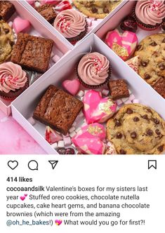 two boxes filled with different types of cookies and cupcakes next to each other