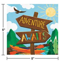 a wooden sign with the words adventure awaits and an eagle flying over it in front of mountains