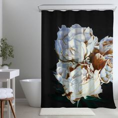 a white flower on a black background shower curtain set size 69 h x 69 w