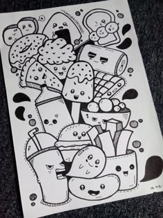 a black and white drawing of many different items in the shape of an ice cream cone