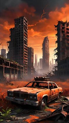 an old car in the middle of a destroyed city