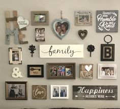 the wall is covered with many different family photos and pictures, including one that says love