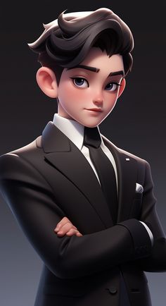 an animated man in a suit with his arms crossed