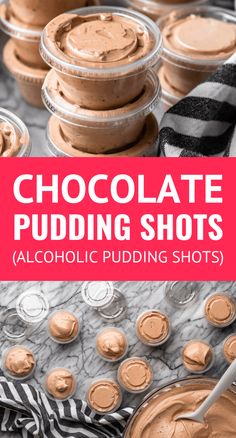 chocolate pudding shots with text overlay reading chocolate pudding shots alcoholic pudding shots