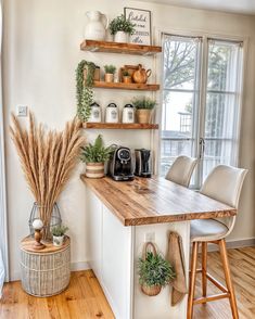 a kitchen with wooden counters and shelves filled with plants