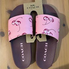 Bought These Today From Another Posher Nwt But They Are Way Too Small. My Feet Are Swollen So I Should’ve Known That. But Otherwise Cute Slides, Shoes Questions? Leave A Comment Below! Pink Coach Slides, Coach Slides, Coach Canvas, Cute Slides, Pretty Shoes Sneakers, Coach New York, Cherry Print, Signature Canvas, Slide In