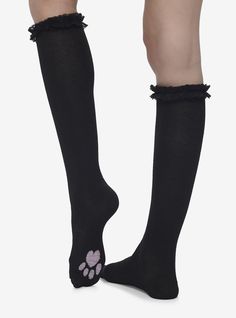 Add the purr-fect touch to your look with these black knee-high socks featuring ruffle trim and cat paw prints on the bottom. Cute Black Stretch Socks, Cute Stretch Black Socks, Feet Warmers, Paw Socks, Black Knee High Socks, Socks Drawing, Cute Outfits With Shorts, Paws Socks, Black Cosplay