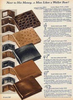 1950s Wallets: Styles, Trends & Pictures Bag Ads, Formal Belts, 1950s Mens, Vintage Wallet, Christmas Catalogs, Christmas Book, Vintage Things, Rockabilly Fashion, Vintage Purses