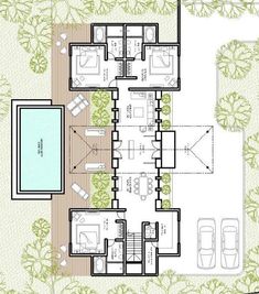 the floor plan for this modern house is very large and has two pools in it