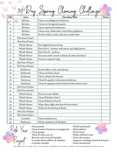 the 30 day spring cleaning checklist is shown in pink, blue and green colors