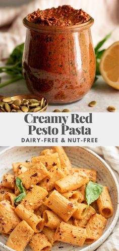 creamy red pesto pasta in a bowl with sunflower seeds