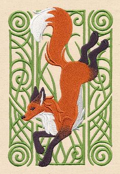 a red fox is running through an ornamental design on a beige background with green trim