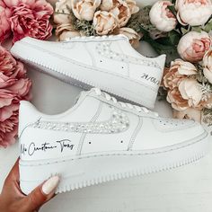 Authentic and Classic Nike Air Force One trainers - Beautifully embellished with stunning Pearls and Swarvoski crystals on the Classic ticks with your married name and date on the sides in any colour.  All the crystals and pearls are lovingly placed to ensure the maximum sparkle on this stunning style.  Writing on the outsides with the Wedding date and name. Please include a message with what writing you would like and in which colour.  Available with two OR four side ticks embellished. Satin la Nike Air Force 1 Wedding, Air Force 1 Wedding, Wedding Nikes, Rehearsal Bouquet, Wedding Trainers, Brides Shoes, Swarovski Nike, Custom Nike Air Force 1, Colour Wedding