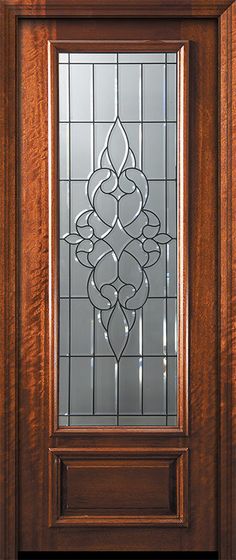 a wooden door with a glass window in the center and side panels on each side