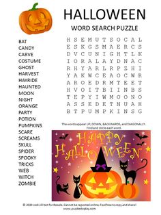 a halloween word search puzzle with pumpkins and cats on it's back ground