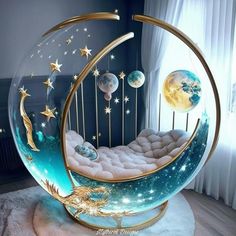 a bed that has been made to look like the moon and stars are floating in it