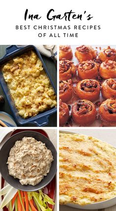 four different pictures with food in them and the words ina gartern's best christmas recipes of all time