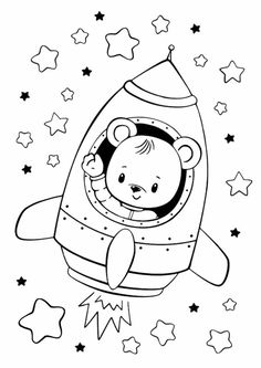 a coloring page with a bear in a rocket ship and stars on the ground behind it