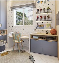 a child's playroom with toys and shelves on the wall, in front of a window