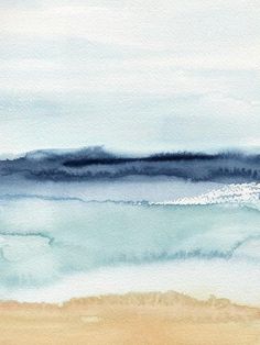 an abstract watercolor painting of the ocean and beach with blue, gray and white colors