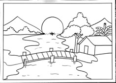 a black and white drawing of a bridge over water with mountains in the back ground