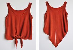 two pictures of an orange tank top with the front and back ties tied to it