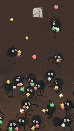 a group of little black mice with stars on their backs and eyes, in front of a brown background