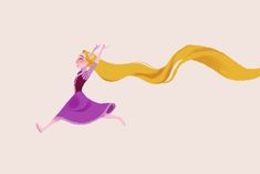 a woman in a purple dress is flying through the air with her hair flowing behind her