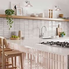 Alchemist Primrose Bevel 52x160 Kitchen Island Tile, Kitchen Island Wall, Rectangular Kitchen Island, Narrow Kitchen Layout, Kitchen Cabinet Color Schemes, L Shaped Shelves, Bevelled Tiles, Rectangular Kitchen, Barn Kitchen