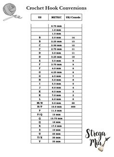 the crochet hook convention table with numbers and measurements for each item in it