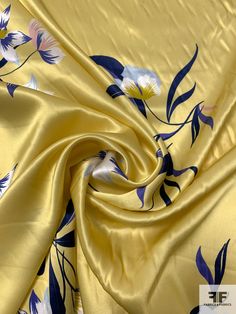 SKU: 15416 Content: 100% Silk Color: Yellow / Navy / Sky Blue / Off-White Width: 42 inches Off White Designer, Print Design Fashion, Wedding Dress Fabrics, Silk Charmeuse, Fabric Gifts, Fashion Fabric, White Fabrics, Silk Printing, Fabric Flowers