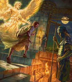 a painting of an angel standing next to a man on stairs with fire in the air